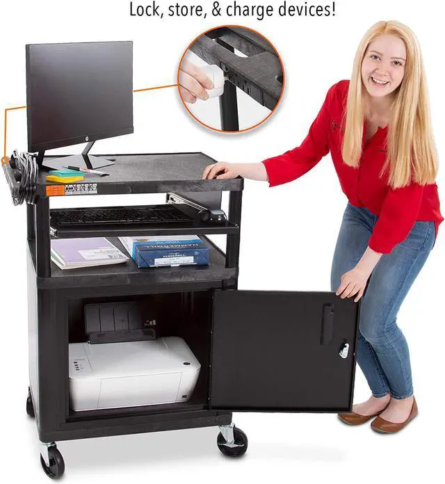 Alt view image 3 of 4 - Line Leader Plastic AV Cart with Keyboard Tray and Locking Cabinet | Mobile Workstation with 4 Rolling Casters and 2 Locking Brakes Heavy Duty, Holds up to 400 lbs (34 Inch with Cabinet)