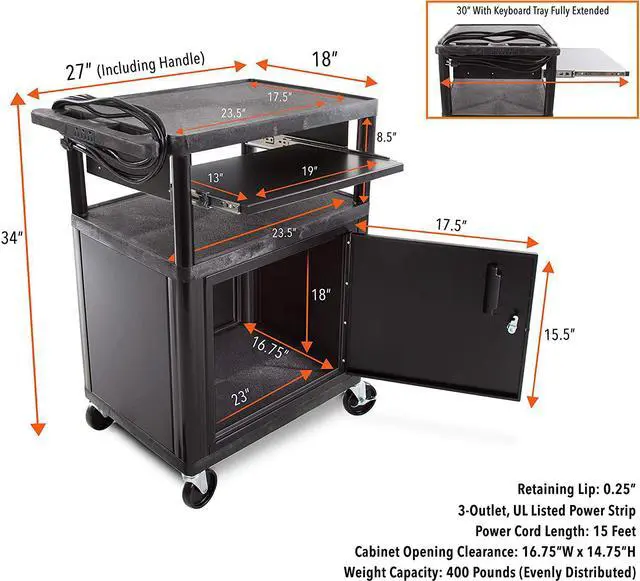 Alt view image 2 of 4 - Line Leader Plastic AV Cart with Keyboard Tray and Locking Cabinet | Mobile Workstation with 4 Rolling Casters and 2 Locking Brakes Heavy Duty, Holds up to 400 lbs (34 Inch with Cabinet)