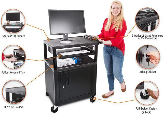 Alt view image 4 of 4 - Line Leader Plastic AV Cart with Keyboard Tray and Locking Cabinet | Mobile Workstation with 4 Rolling Casters and 2 Locking Brakes Heavy Duty, Holds up to 400 lbs (34 Inch with Cabinet)