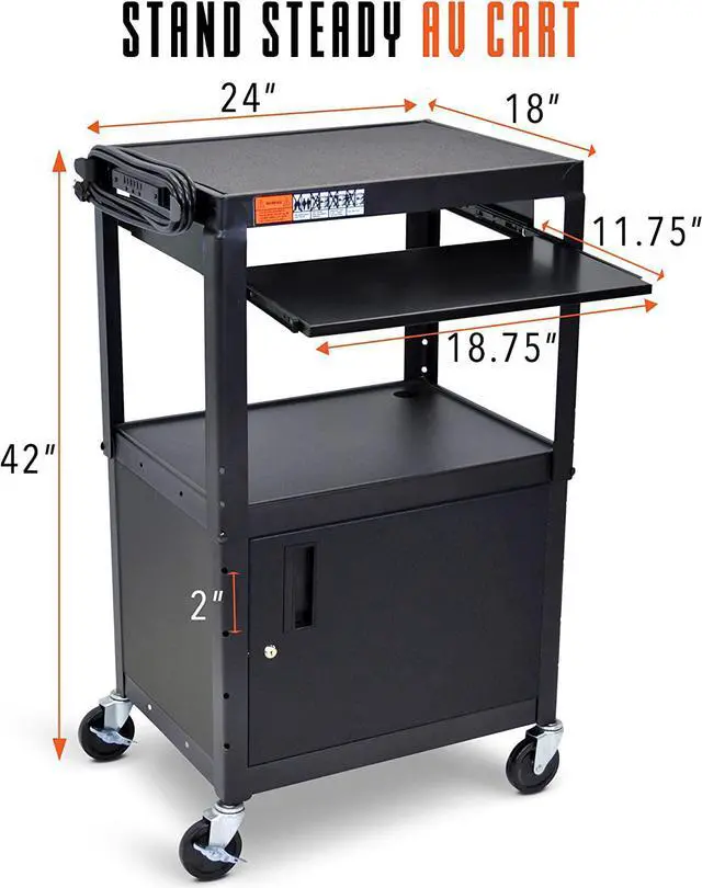 Alt view image 4 of 7 - AV Cart with Locking Cabinet | Height Adjustable Utility Cart with Extra Storage | Power Strip and Cord Management | Great for Presentations (Black / 24 x 18)