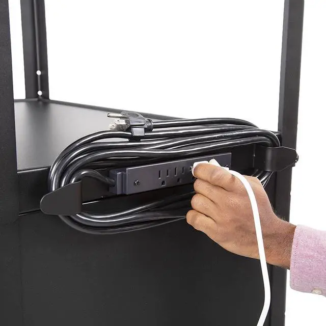 Alt view image 6 of 7 - AV Cart with Locking Cabinet | Height Adjustable Utility Cart with Extra Storage | Power Strip and Cord Management | Great for Presentations (Black / 24 x 18)