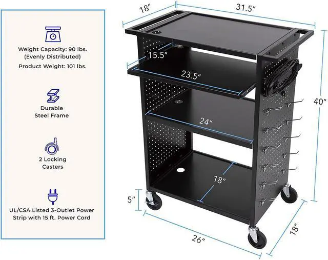 Alt view image 4 of 5 - StellarAV Cart | Reimagine Your Teacher Cart with Revolutionary Pegboard Siding&12 Movable Peg Hooks forCustomizableStorage | UL Safety Certified Mobile Workstation with Keyboard Tray