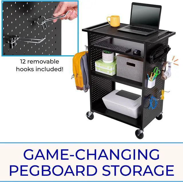 Alt view image 2 of 5 - StellarAV Cart | Reimagine Your Teacher Cart with Revolutionary Pegboard Siding&12 Movable Peg Hooks forCustomizableStorage | UL Safety Certified Mobile Workstation with Keyboard Tray