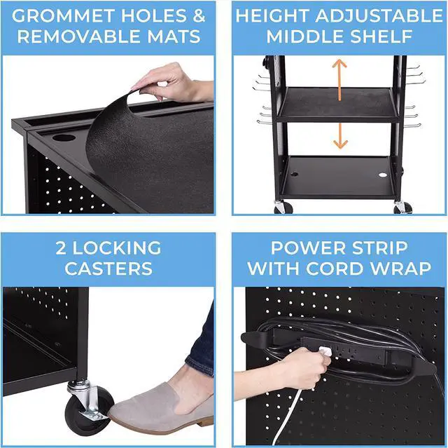 Alt view image 3 of 5 - StellarAV Cart | Reimagine Your Teacher Cart with Revolutionary Pegboard Siding&12 Movable Peg Hooks forCustomizableStorage | UL Safety Certified Mobile Workstation with Keyboard Tray