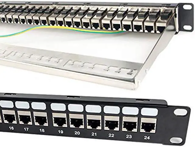 Main image of 24 Port CAT6A RJ45 Through Coupler Patch Panel with Back Bar, Wallmount or Rackmount, Compatible with Cat5, Cat5e, Cat6, Cat6A, UTP STP Cabling (CAT6a Shielded, 24-Port)