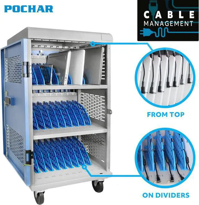 Alt view image 4 of 7 - Fully Assembled 30 Unit Multi Device Charging Station for Chromebook, iPad, 14'' Laptop - Pre Built Computer Charging Cart with Charger Cable Management, Circuit Breaker, Grounding Protection