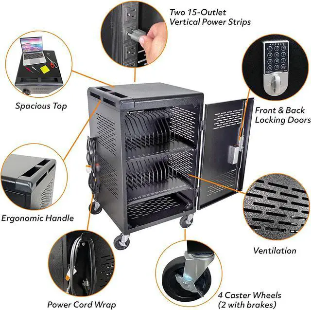 Alt view image 2 of 7 - 30 Device Laptop Charging Cart for Chromebook Storage - Classroom Charging Station for 30 Chromebook and Laptop Under 14 Inch Screen - Compact Mobile Charging and Storage Cart (Black)