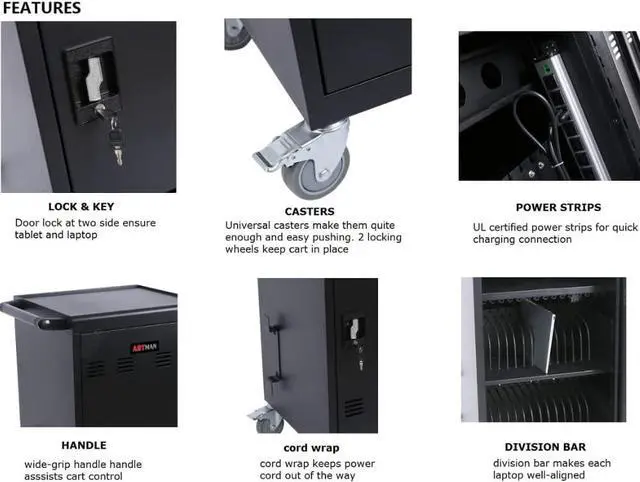 Alt view image 4 of 6 - Charging Cart, 36 Device Mobile Charging Station for Tablet Up to 16-inch Screen Size, Laptop Storage Rack for Multiple Laptops, with Cord Organizer, Front and Back Access Locking Cabinet Black
