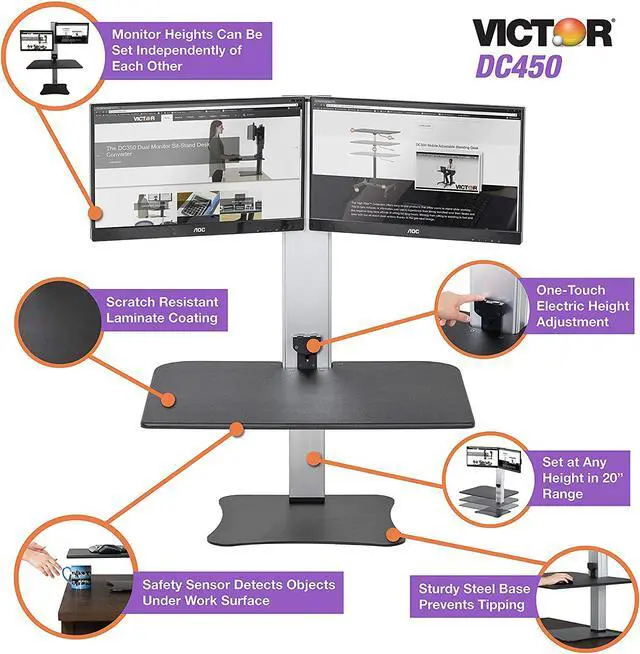 Alt view image 2 of 6 - Dual Monitor Electric Standing Desk, Black, 28 inch Wide Work Surface, Compatible with Any Standard Desk, Monitor Mount Included