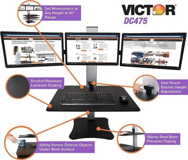 Alt view image 3 of 5 - Victor Sit-Stand Desk, Triple Monitor, Black W/Aluminum