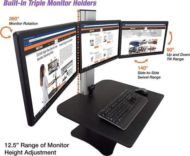 Alt view image 4 of 5 - Victor Sit-Stand Desk, Triple Monitor, Black W/Aluminum