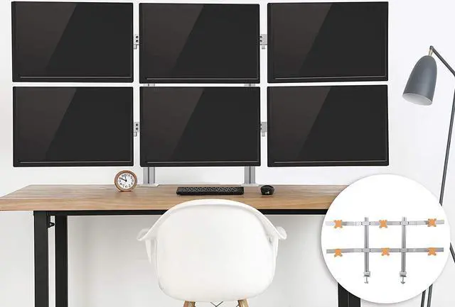 Alt view image 4 of 5 - 6 Monitor Mount Heavy Duty Height Adjustable Monitor Stand with Clamp On Base| Six Monitor Arm with Full Articulation VESA Mount Fits Most LCD/LED Monitors 17-32 in. (Silver/6 Mounts)