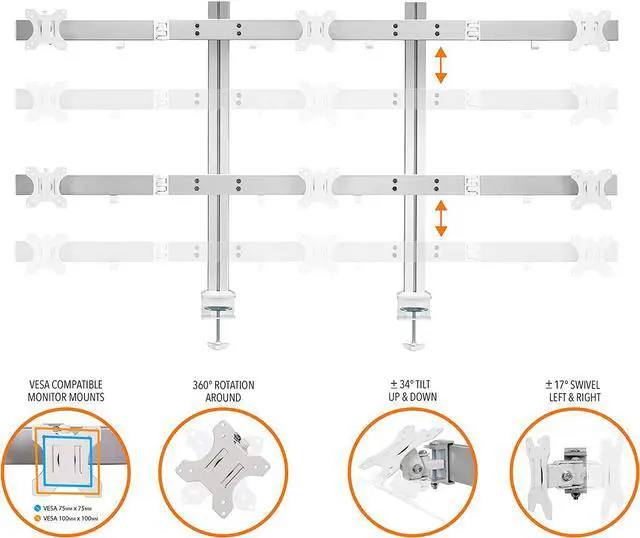 Alt view image 3 of 5 - 6 Monitor Mount Heavy Duty Height Adjustable Monitor Stand with Clamp On Base| Six Monitor Arm with Full Articulation VESA Mount Fits Most LCD/LED Monitors 17-32 in. (Silver/6 Mounts)