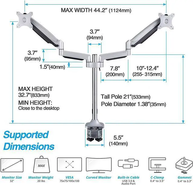 Alt view image 2 of 5 - Dual 13"-32" Monitor Arm Desk Mount fits Two Flat/Curved Monitor Full Motion Height Swivel Tilt Rotation Adjustable Monitor Arm - Extra Tall Pole/VESA/C-Clamp/Grommet/Cable Management