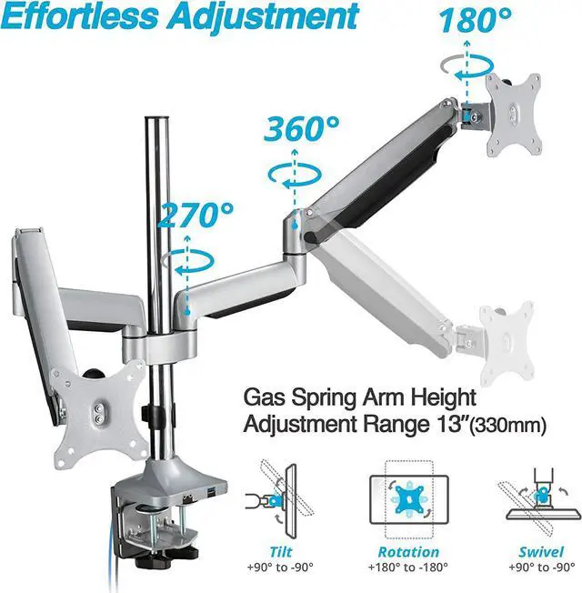 Alt view image 3 of 5 - Dual 13"-32" Monitor Arm Desk Mount fits Two Flat/Curved Monitor Full Motion Height Swivel Tilt Rotation Adjustable Monitor Arm - Extra Tall Pole/VESA/C-Clamp/Grommet/Cable Management