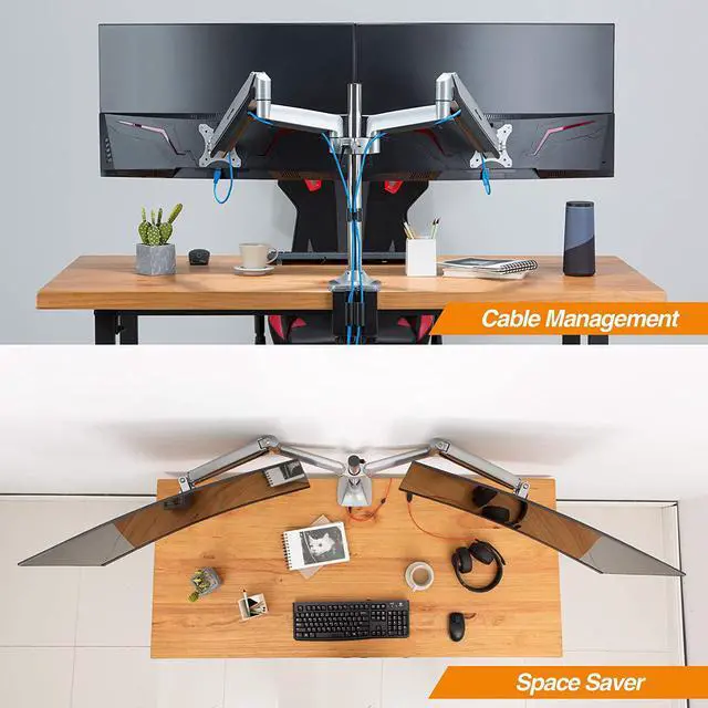 Alt view image 4 of 5 - Dual 13"-32" Monitor Arm Desk Mount fits Two Flat/Curved Monitor Full Motion Height Swivel Tilt Rotation Adjustable Monitor Arm - Extra Tall Pole/VESA/C-Clamp/Grommet/Cable Management