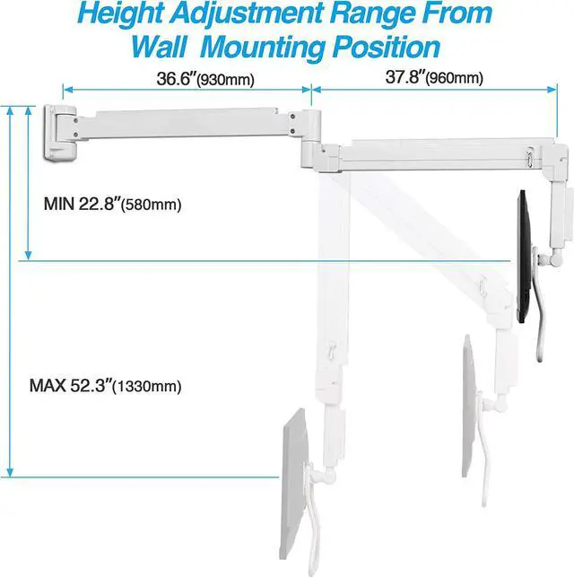 Alt view image 3 of 6 - Medical Grade 17.6 lbs Monitor Wall Mount - Mounts Ultrawide Monitor on 74" Long Extension Full Motion Height Adjustable Arm - for Healthcare and Maintenance Area