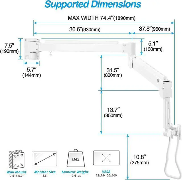 Alt view image 2 of 6 - Medical Grade 17.6 lbs Monitor Wall Mount - Mounts Ultrawide Monitor on 74" Long Extension Full Motion Height Adjustable Arm - for Healthcare and Maintenance Area