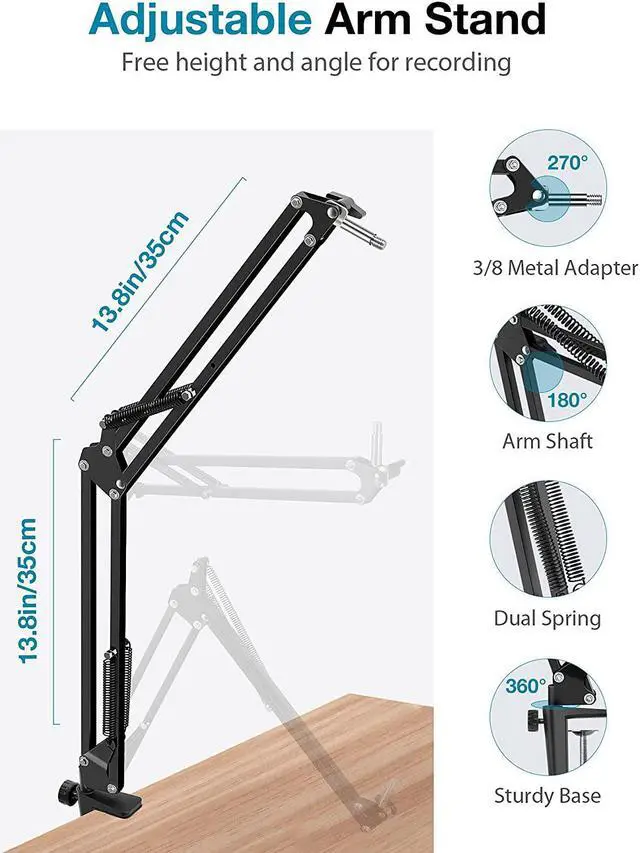 Alt view image 6 of 6 - Mic Arm Microphone Stand Boom Suspension Stand with 3/8" to 5/8" Screw Adapter Clip for Blue Yeti Snowball, HyperX QuadCast, Yeti x and other Mic, Medium