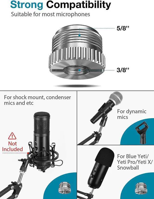 Alt view image 5 of 6 - Mic Arm Microphone Stand Boom Suspension Stand with 3/8" to 5/8" Screw Adapter Clip for Blue Yeti Snowball, HyperX QuadCast, Yeti x and other Mic, Medium