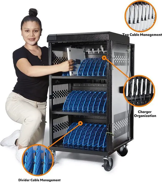 Alt view image 6 of 7 - Fully Assembled Heavy-Duty Assembled 30 Bay Charging Cart for 30 Chromebook, Tablet, and 14-inch Laptop with Keypad Lock, Charger, and Cable Organization, Metateel Mobile Charging Storage Cart
