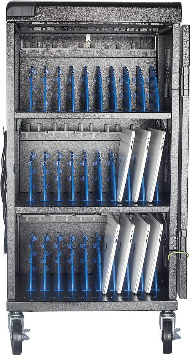 Alt view image 2 of 7 - Fully Assembled Heavy-Duty Assembled 30 Bay Charging Cart for 30 Chromebook, Tablet, and 14-inch Laptop with Keypad Lock, Charger, and Cable Organization, Metateel Mobile Charging Storage Cart