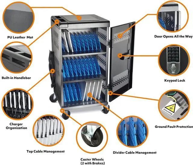 Alt view image 5 of 7 - Fully Assembled Heavy-Duty Assembled 30 Bay Charging Cart for 30 Chromebook, Tablet, and 14-inch Laptop with Keypad Lock, Charger, and Cable Organization, Metateel Mobile Charging Storage Cart