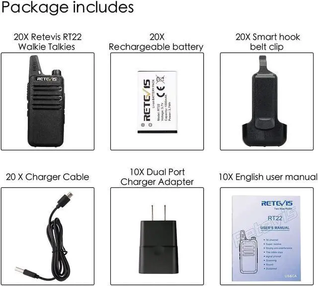 Alt view image 6 of 6 - Retevis RT22 Walkie Talkies Mini, Rechargeable Two Way Radio Long Range, 2 Way Radio Small, Portable VOX, for Business Commercial Work School Church Restaurant (20 Pack,Black)
