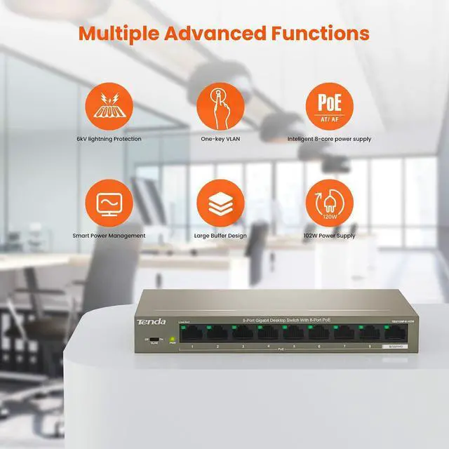 Alt view image 2 of 6 - Tenda TEG1109P-8-102W 9-Port Gigabit Ethernet Desktop Switch Hub with 8-Port PoE