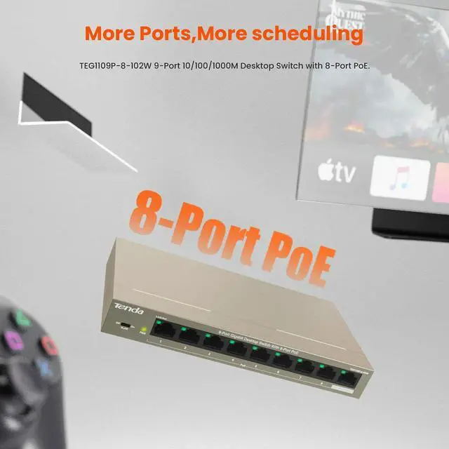 Alt view image 4 of 6 - Tenda TEG1109P-8-102W 9-Port Gigabit Ethernet Desktop Switch Hub with 8-Port PoE