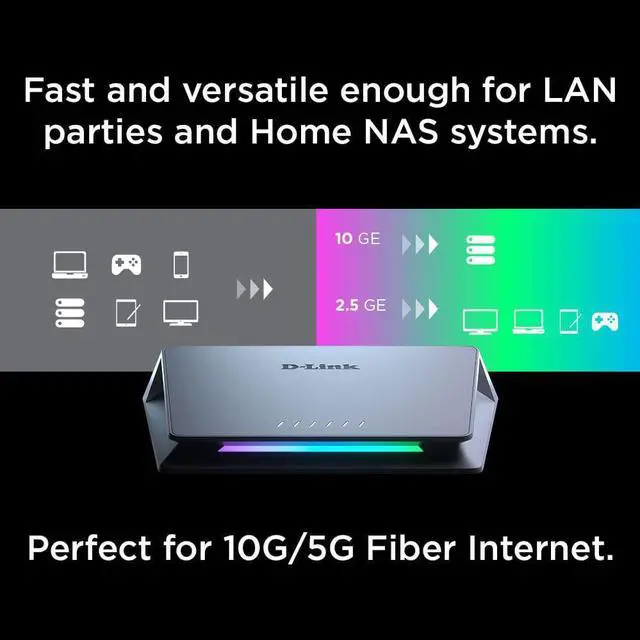 Alt view image 4 of 6 - D-Link 6-Port 10GB & 2.5GB Unmanaged Gaming Switch with 1 x 10G, 5 x 2.5G - RGB Lights, Multi-Gig, Network, Fanless, Plug & Play