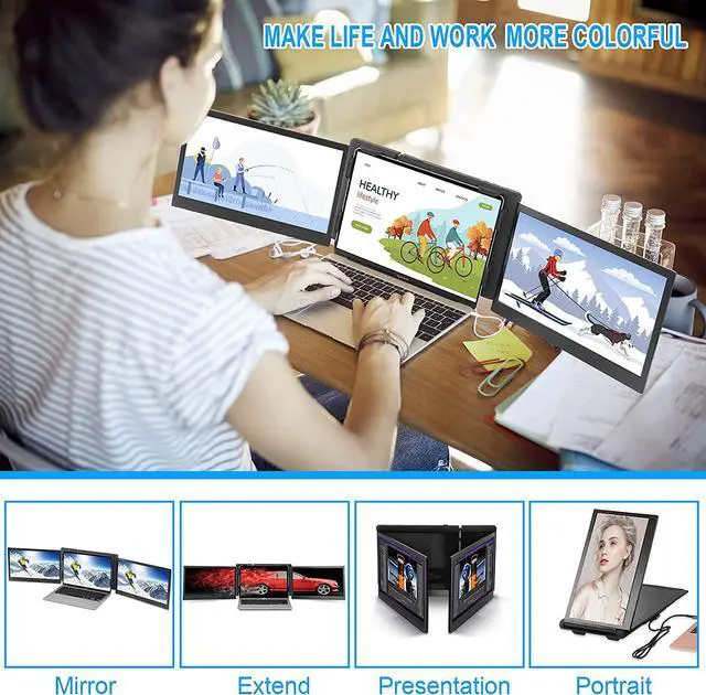 Alt view image 6 of 6 - Portable Triple Monitor for Laptop, 13.3  Laptop Monitor Screen External Dual Screen Extender with One Cable Connect for 13-16.5 Mac Windows Chrome Laptop/MacBook PC/PS5/Switch