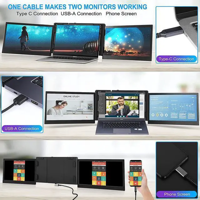 Alt view image 3 of 6 - Portable Triple Monitor for Laptop, 13.3  Laptop Monitor Screen External Dual Screen Extender with One Cable Connect for 13-16.5 Mac Windows Chrome Laptop/MacBook PC/PS5/Switch