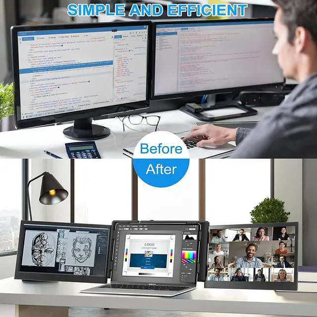 Alt view image 5 of 6 - Portable Triple Monitor for Laptop, 13.3  Laptop Monitor Screen External Dual Screen Extender with One Cable Connect for 13-16.5 Mac Windows Chrome Laptop/MacBook PC/PS5/Switch