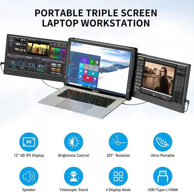 Alt view image 2 of 6 - P2 Triple Portable Monitor for Laptop Screen Extender Dual Monitor Extender 12 Inch FHD 1080P IPS Display Extender USB-A/Type-C/HDMI/Speakers for 13-16 Inch Notebook Computer Mac Windows Phone