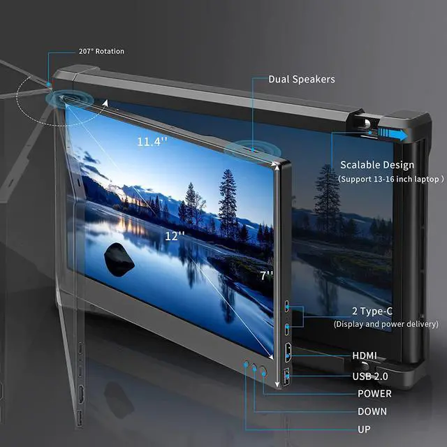 Alt view image 4 of 6 - P2 Triple Portable Monitor for Laptop Screen Extender Dual Monitor Extender 12 Inch FHD 1080P IPS Display Extender USB-A/Type-C/HDMI/Speakers for 13-16 Inch Notebook Computer Mac Windows Phone