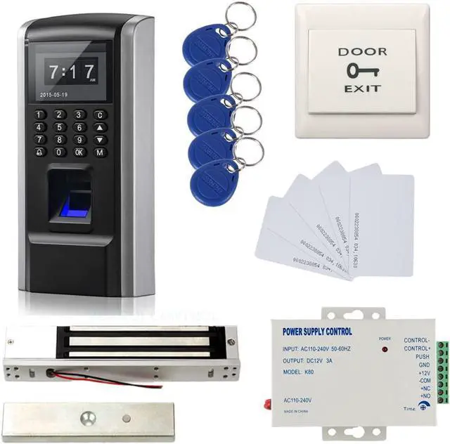 Main image of Full Kits Biometric Fingerprint RFID Password Access Control Systems + 600lbs Force Electric EM Magnetic Lock +110V Power Supply+10 Cards and Key Fobs