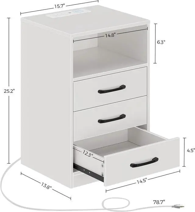 Alt view image 6 of 7 - Nightstand with Wireless Charging Station and LED Lights, Modern End Side Table with 3 Drawers and Open Storage for Bedroom,White