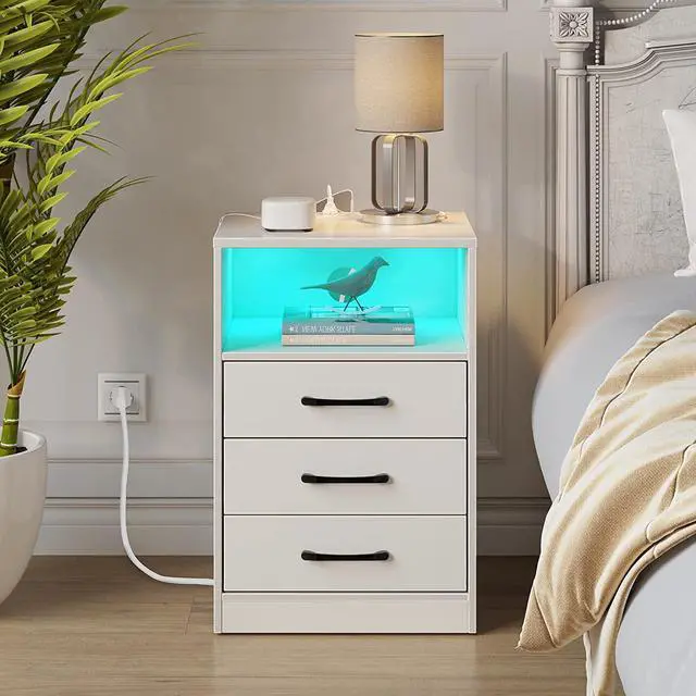 Alt view image 3 of 7 - Nightstand with Wireless Charging Station and LED Lights, Modern End Side Table with 3 Drawers and Open Storage for Bedroom,White