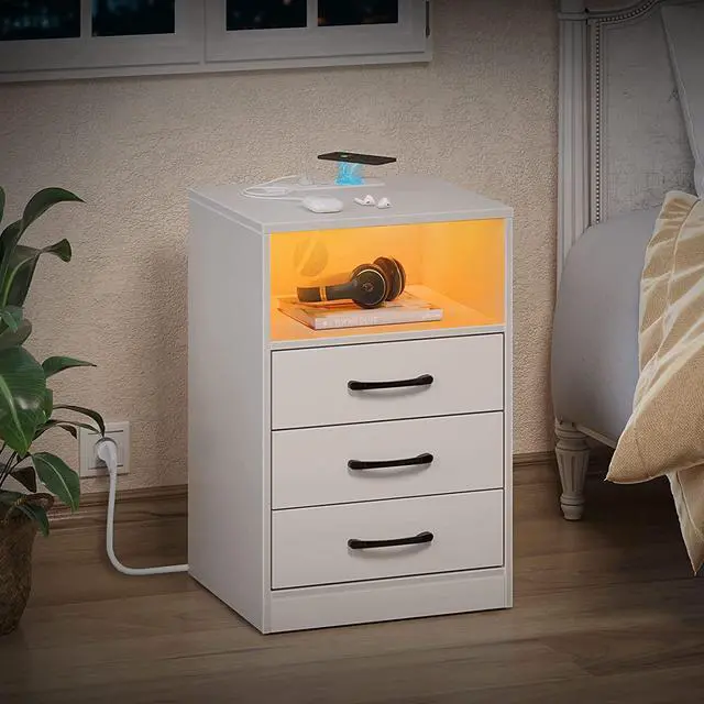Alt view image 7 of 7 - Nightstand with Wireless Charging Station and LED Lights, Modern End Side Table with 3 Drawers and Open Storage for Bedroom,White