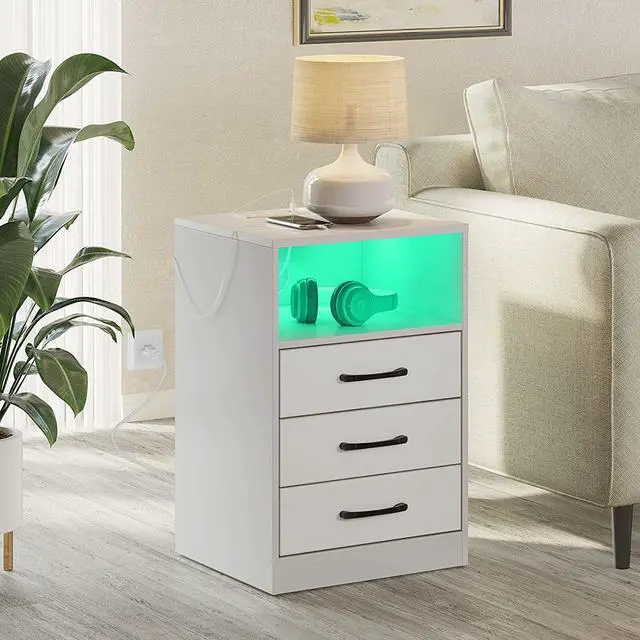 Alt view image 4 of 7 - Nightstand with Wireless Charging Station and LED Lights, Modern End Side Table with 3 Drawers and Open Storage for Bedroom,White