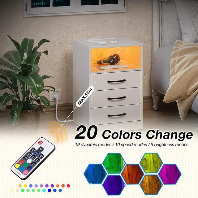 Alt view image 2 of 7 - Nightstand with Wireless Charging Station and LED Lights, Modern End Side Table with 3 Drawers and Open Storage for Bedroom,White