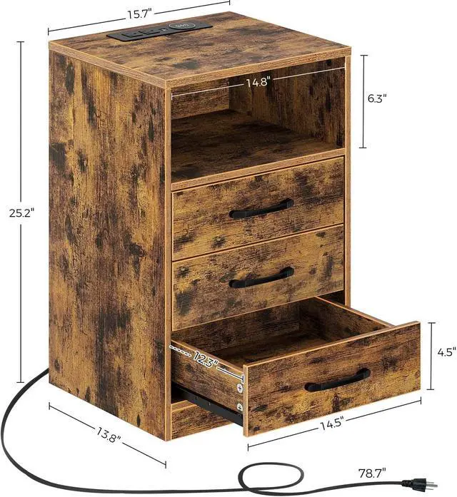Alt view image 6 of 7 - Nightstand with Wireless Charging Station and LED Lights, Rustic End Side Table with 3 Drawers and Open Storage for Bedroom, Rustic Brown