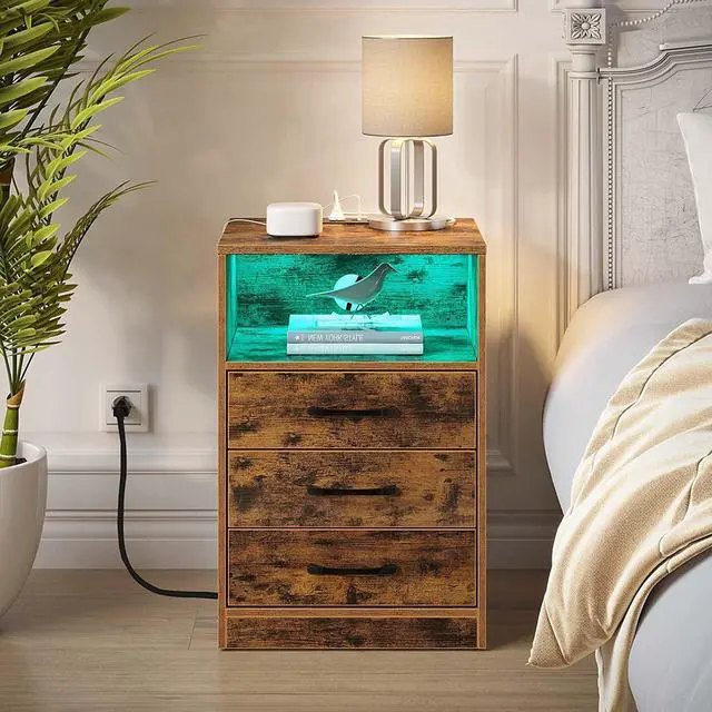 Alt view image 3 of 7 - Nightstand with Wireless Charging Station and LED Lights, Rustic End Side Table with 3 Drawers and Open Storage for Bedroom, Rustic Brown
