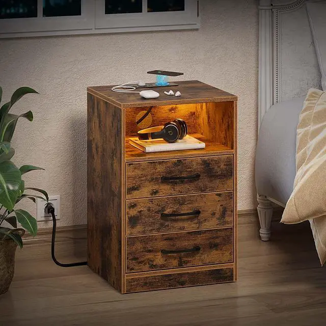 Alt view image 7 of 7 - Nightstand with Wireless Charging Station and LED Lights, Rustic End Side Table with 3 Drawers and Open Storage for Bedroom, Rustic Brown