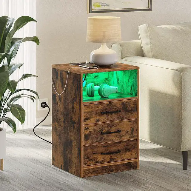 Alt view image 4 of 7 - Nightstand with Wireless Charging Station and LED Lights, Rustic End Side Table with 3 Drawers and Open Storage for Bedroom, Rustic Brown