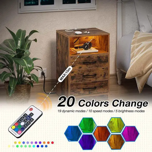 Alt view image 2 of 7 - Nightstand with Wireless Charging Station and LED Lights, Rustic End Side Table with 3 Drawers and Open Storage for Bedroom, Rustic Brown