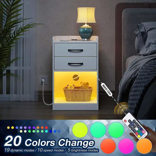 Alt view image 2 of 7 - Nightstand with Charging Station and LED Lights,Modern Design End Side Table with 2 Drawers, Nightstand Storage Cabinet for Bedroom, White