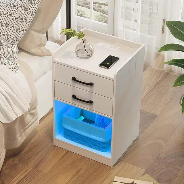 Alt view image 4 of 7 - Nightstand with Charging Station and LED Lights,Modern Design End Side Table with 2 Drawers, Nightstand Storage Cabinet for Bedroom, White