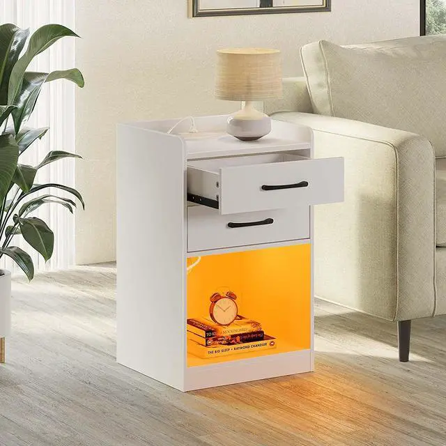 Alt view image 3 of 7 - Nightstand with Charging Station and LED Lights,Modern Design End Side Table with 2 Drawers, Nightstand Storage Cabinet for Bedroom, White